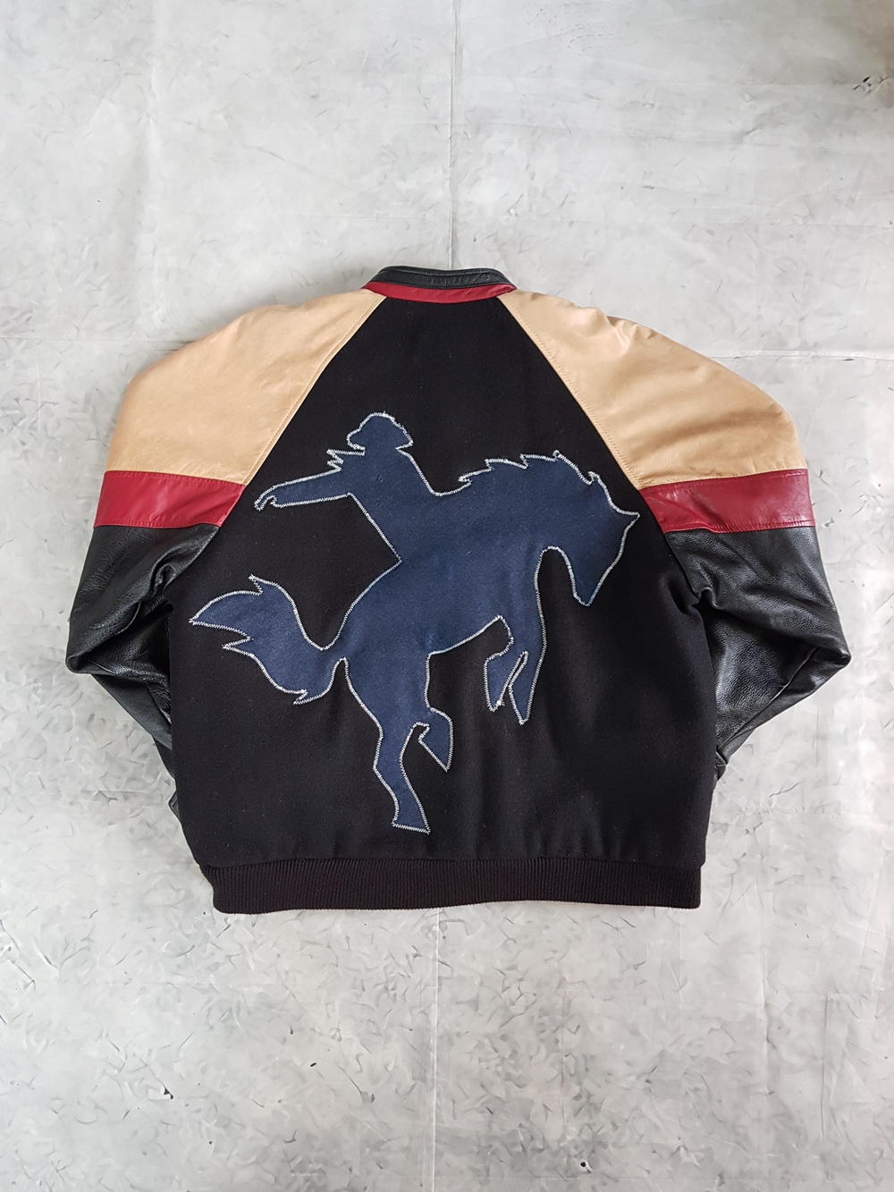 Vintage Upcycled Bucking Bronco Cowboy Colorblock Leather Bomber Jacket